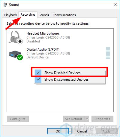 Show disabled Recording Devices 