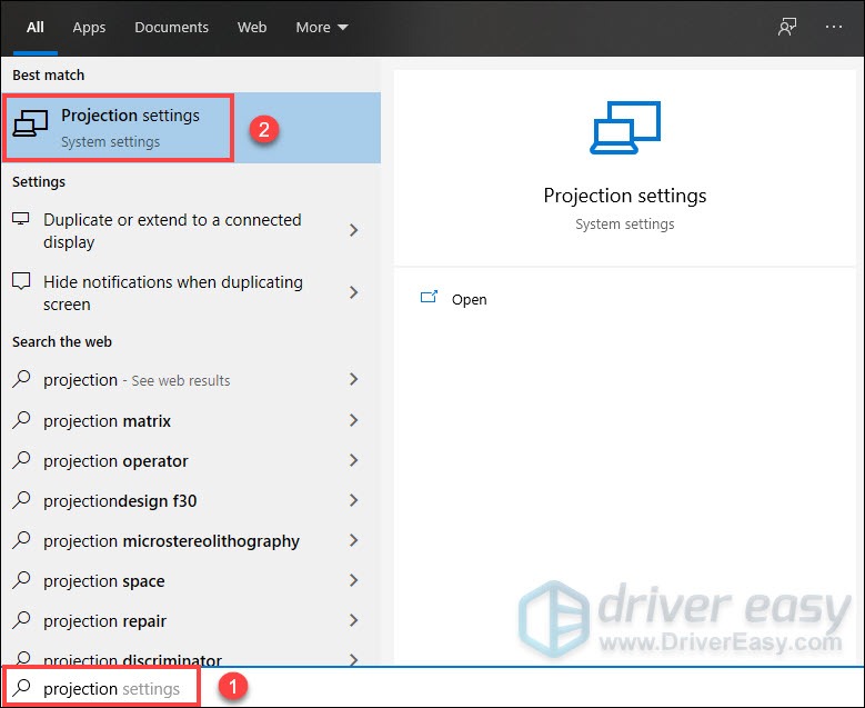 open projection settings