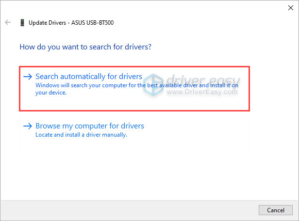 Update ASUS USB-BT500 manually in Device Manager-Search automatically for drivers