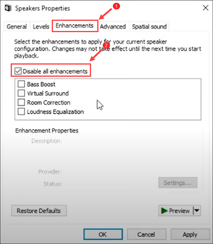 disable all enhancements speaker