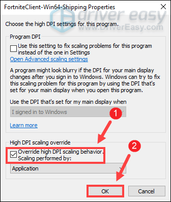 disable high DPI scaling Fortnite