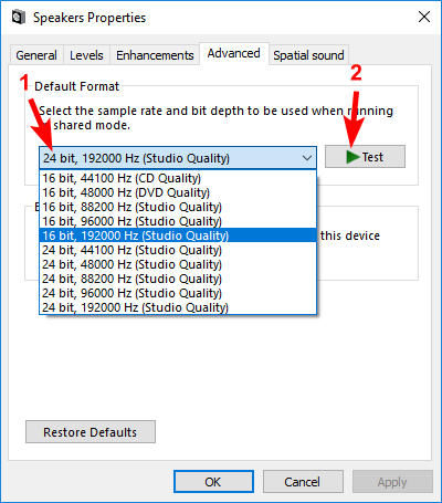 Test speaker sound format Windows 10